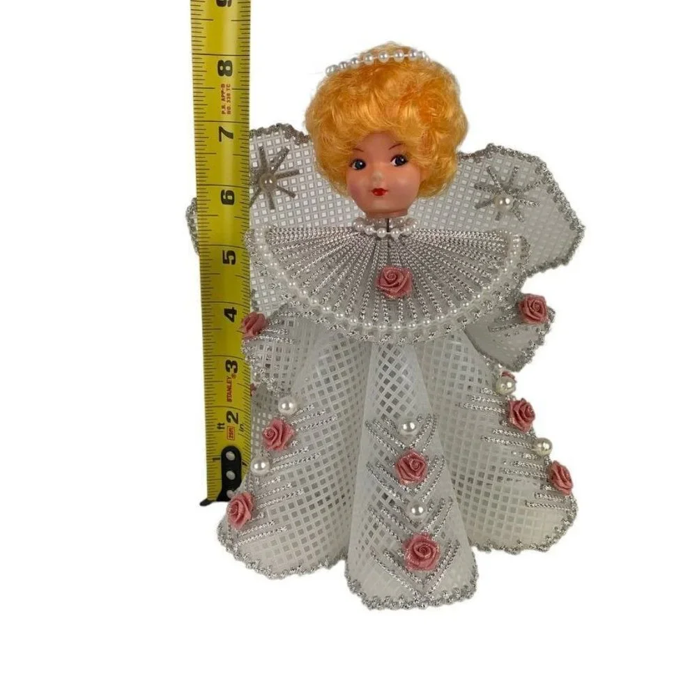 Handmade Vintage Angel Christmas Tree Topper Plastic Canvas Roses Pearl Beads 8